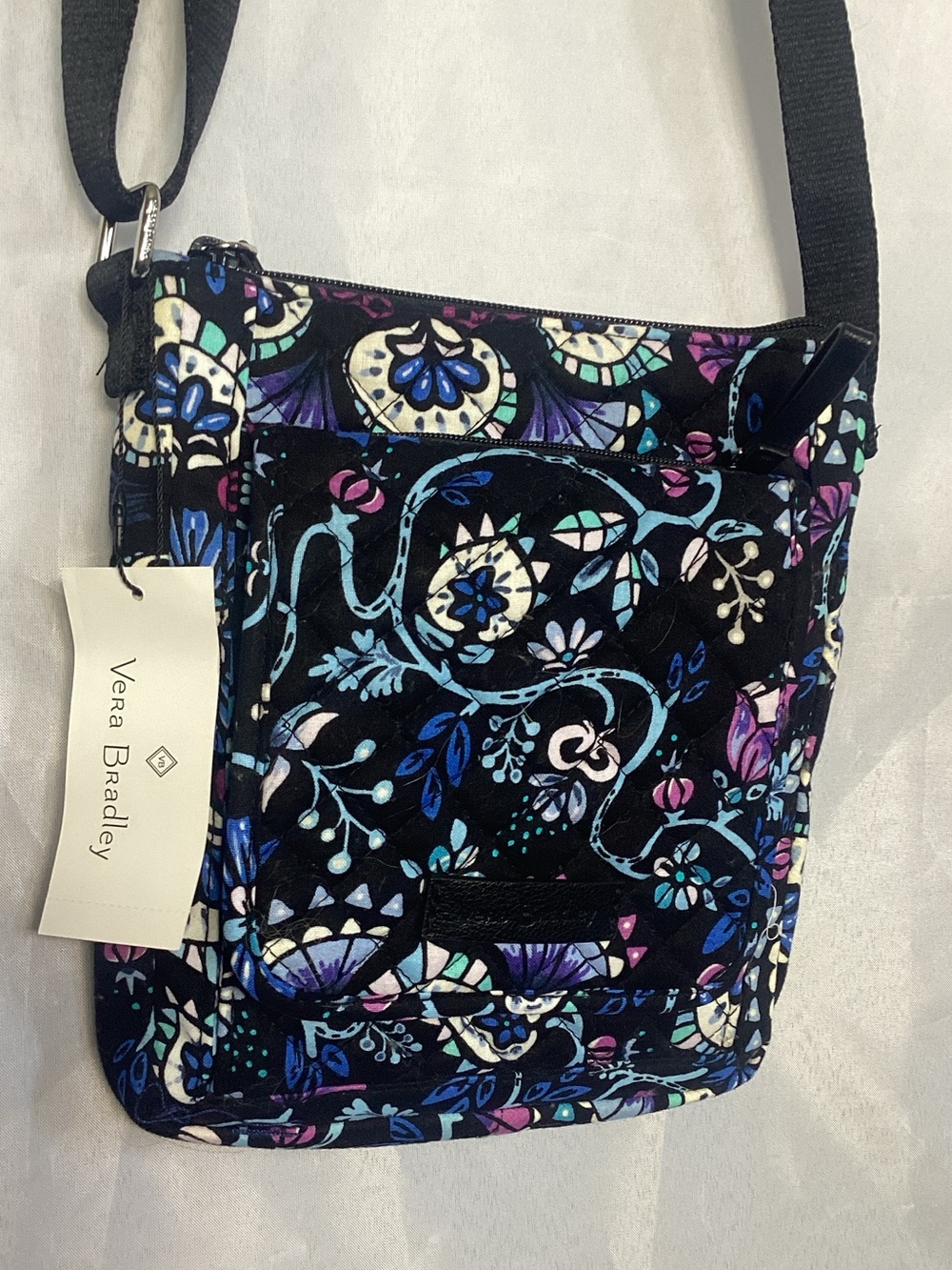 Vera Bradley Black Crossbody Bag with Blue & Purple Floral Print